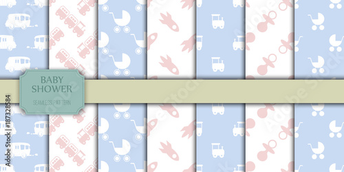 Baby shower toys seamless pattern background vector cute wallpaper scrapbook newborn textile paper illustration.