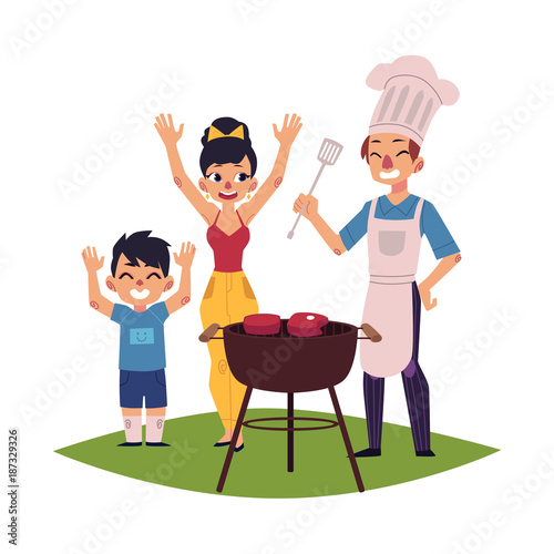 Family having BBQ, barbeque outdoors, man in chef hat and apron cooking, woman and kid saying hooray, cartoon vector illustration isolated on white background. Happy family having BBQ picnic