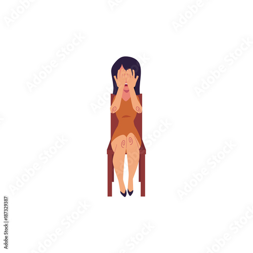 Woman sitting in chair, crying, hiding face in hands, grief, depression concept, cartoon vector illustration isolated on white background. Sad, depressed, grieving woman crying hard, sitting in chair