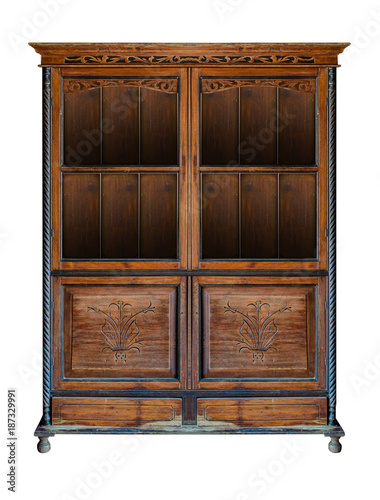 Ancient wooden cabinet with glass inserts in the door isolated on white background