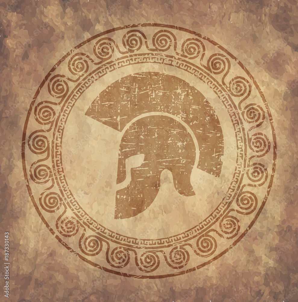 Φωτογραφία Spartan helmet an icon on old paper in style grunge, is issued in antique Greek style