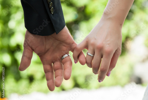 Hands of bride and groom with wedding rings photo