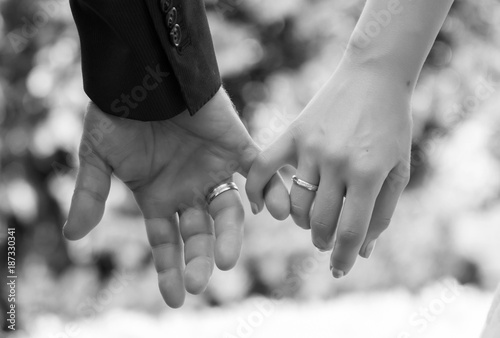 Hands of bride and groom with wedding rings photo