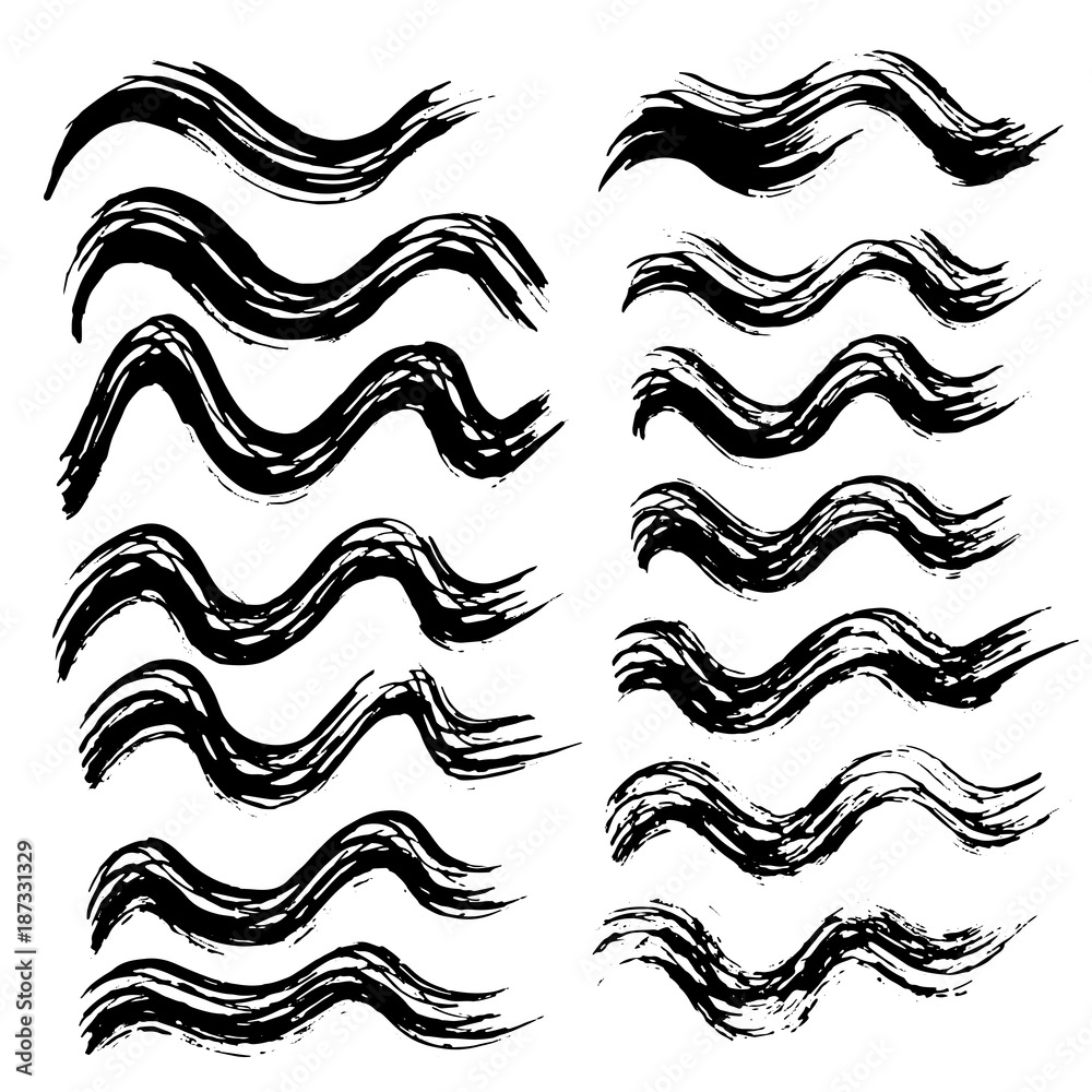 Grunge ink brush strokes. Freehand wave black brushes set. Handdrawn dry brush black smears. Modern vector illustration. Grunge ink brush strokes. Freehand wave black brushes set. Handdrawn dry brush black smears. Modern vector illustration.