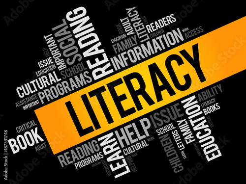 Literacy word cloud collage, education concept background