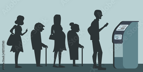 Queue at the ATM background for bank advertising.Disgruntled people are standing in line for an isolated background.Senior and pregnant woman in queue.terminal machine bank.withdrawing money from ATM.
