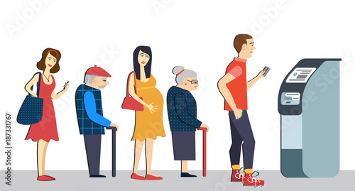 Queue at the ATM.Disgruntled people are standing in line for an isolated background.Senior and pregnant woman in queue. terminal machine bank.withdrawing money from ATM.Banking concept vector