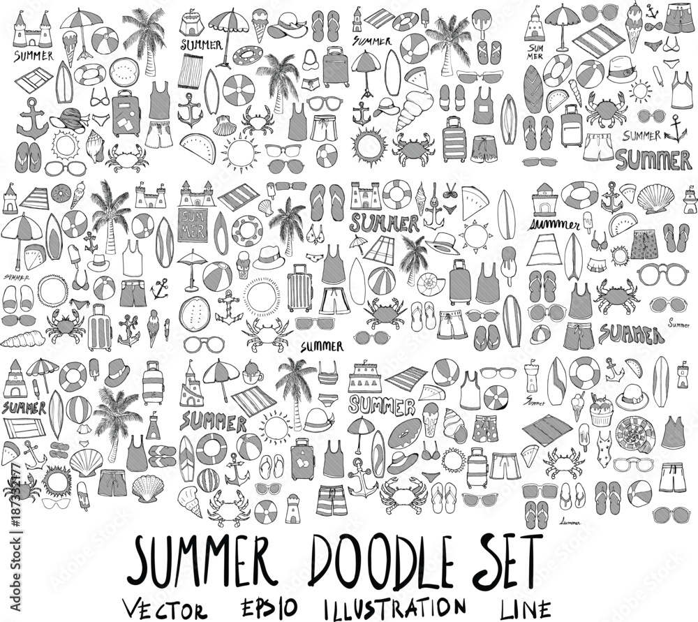 Fototapeta Set of Summer illustration Hand drawn doodle Sketch line vector scribble eps10