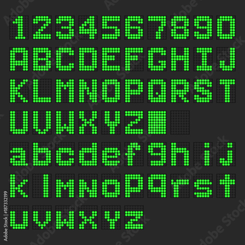 Green LED digital english uppercase, lowercase font, number display on black background © bankrx