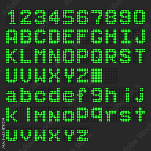 Green LED digital english uppercase, lowercase font, number display on black background
