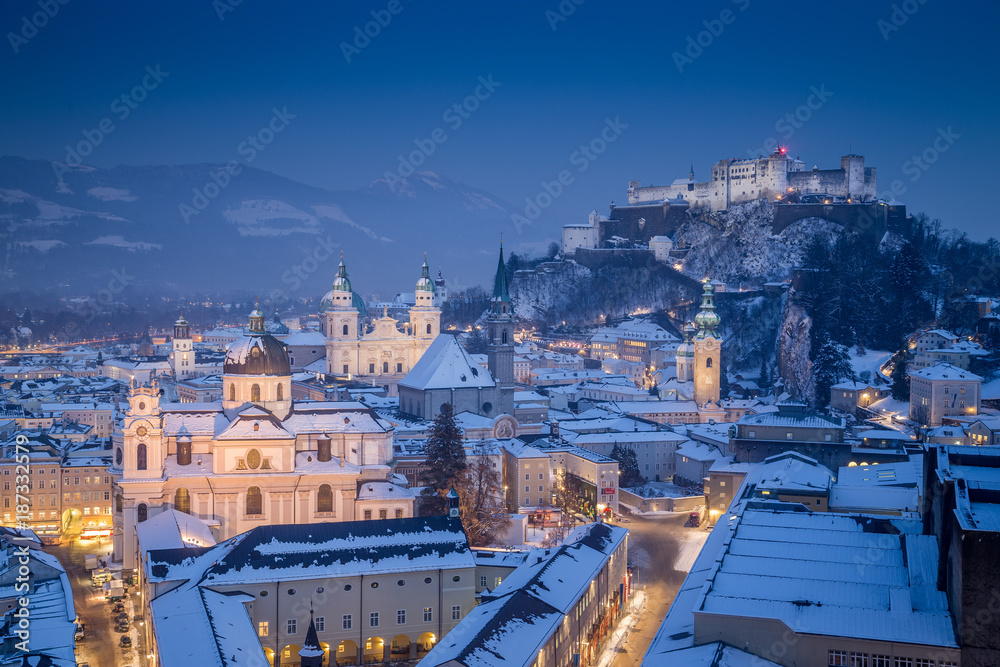 Historic town of Salzburg in winter twilight, Austria