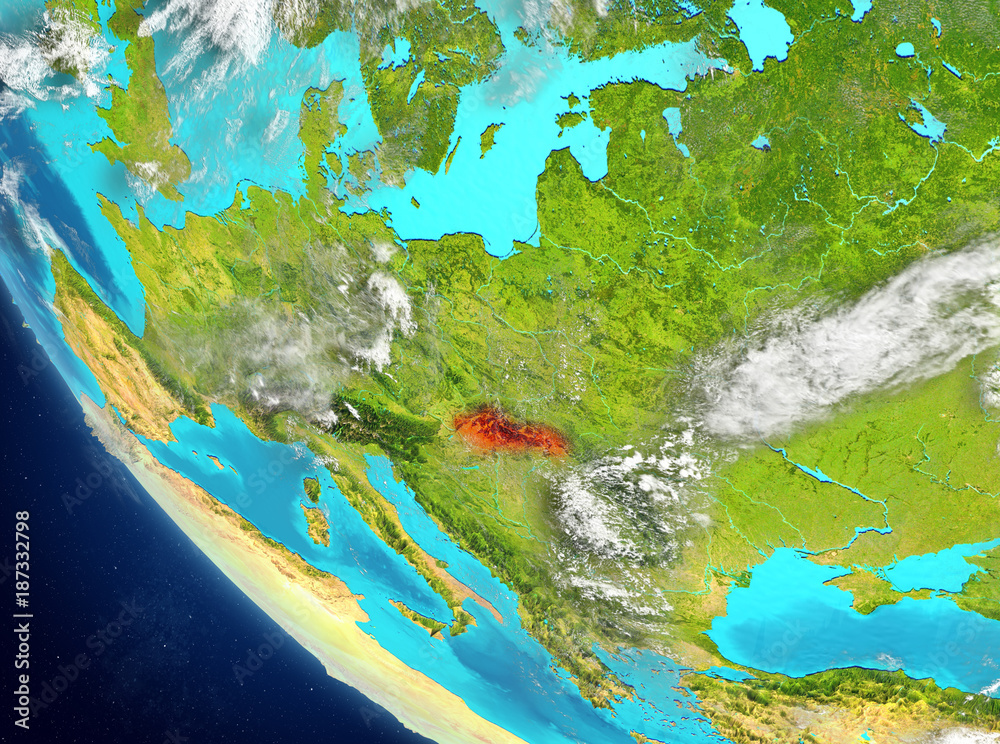 Satellite view of Slovakia in red
