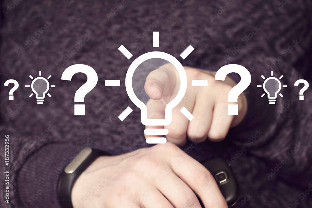Businessman pushing button idea and question Businessman pushing button idea and question