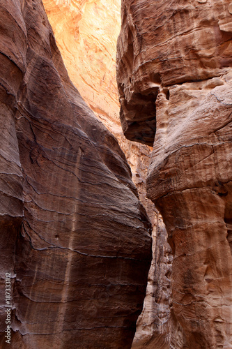 The walls of the Siq, narrow passage that leads to Petra, Jordan