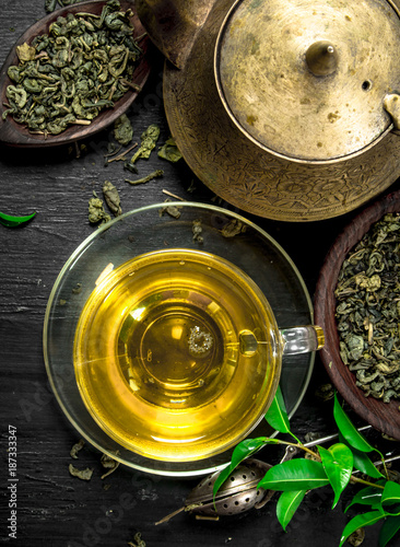 fragrant green tea with leaves.