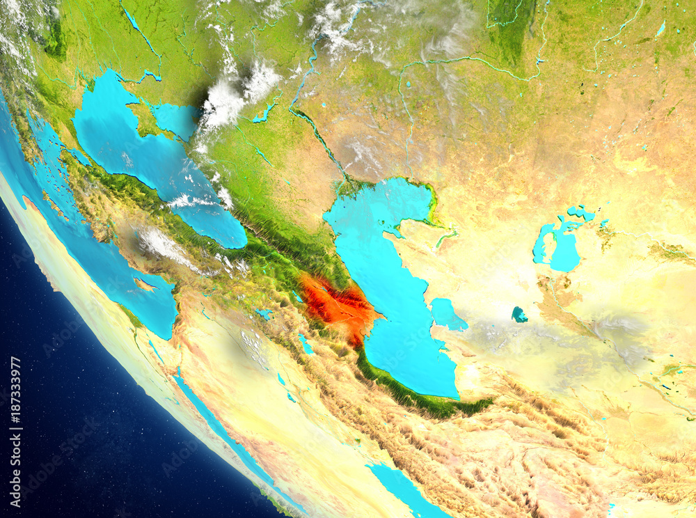 Satellite view of Azerbaijan in red