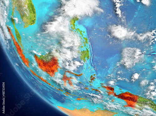 Satellite view of Indonesia in red
