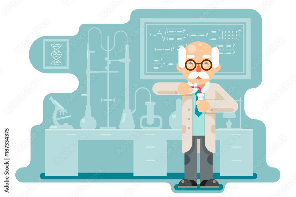 Experiment old wise smart scientist chemical laboratory transfuse chemical reagents test tubes flat design vector illustration Experiment old wise smart scientist chemical laboratory transfuse chemical reagents test tubes flat design vector illustration