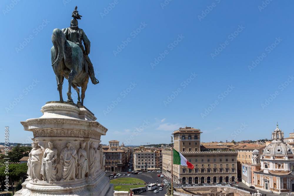 Amazing view of Equestrian statue of Vittorio Emanuele II and Piazza Venezia in city of Rome, Italy