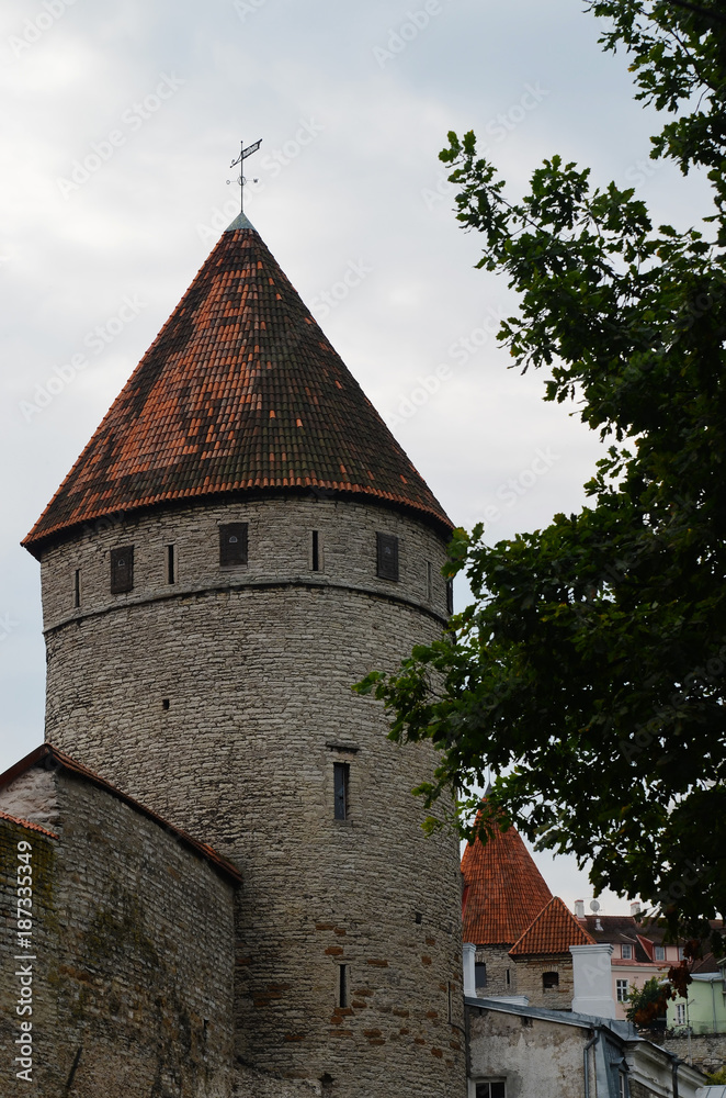 Old grey tower with red roof in the center Tallinn, Estonia