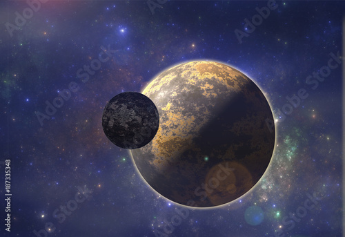 Deep space alien planet, scifi universe illustration photo