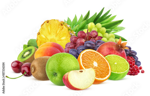 Heap of different fruits and berries isolated on white background photo