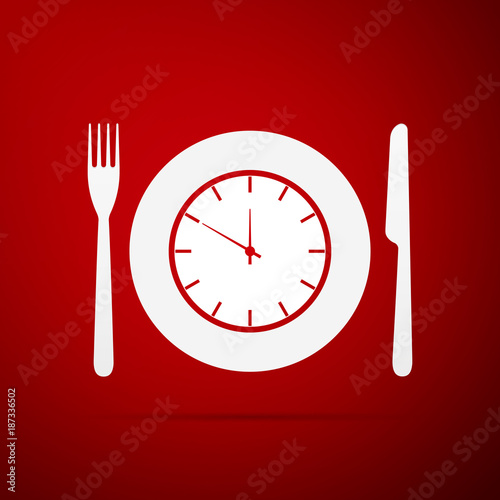 Plate with clock, fork and knife icon isolated on red background. Lunch time. Eating, nutrition regime, meal time and diet concept. Flat design. Vector Illustration