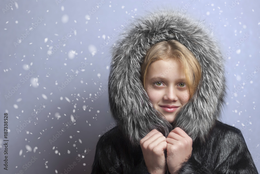 portrait of blonde girl in hood portrait of blonde girl in hood