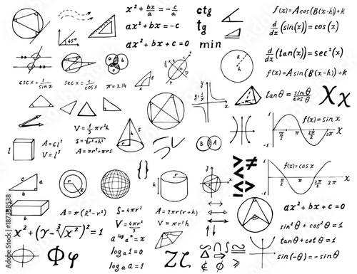 Set of hand drawn mathematical formulas and signs