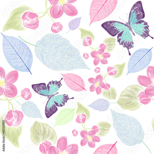 seamless  floral pattern with bbutterfly photo