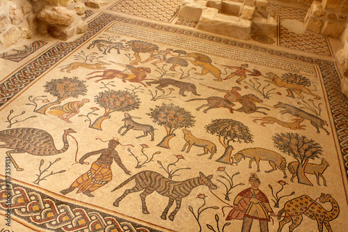 Ornate mosaic in the Memorial Church of Moses at Mount Nebo, Jordan