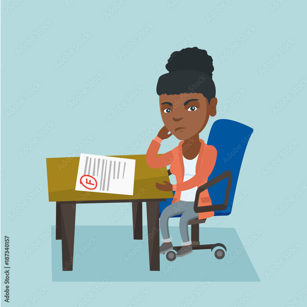 African-american student disappointed by test with F grade. Sad student  looking at test paper with bad mark. Student dissatisfied with the test  results. Vector cartoon illustration. Square layout. Stock Vector | Adobe