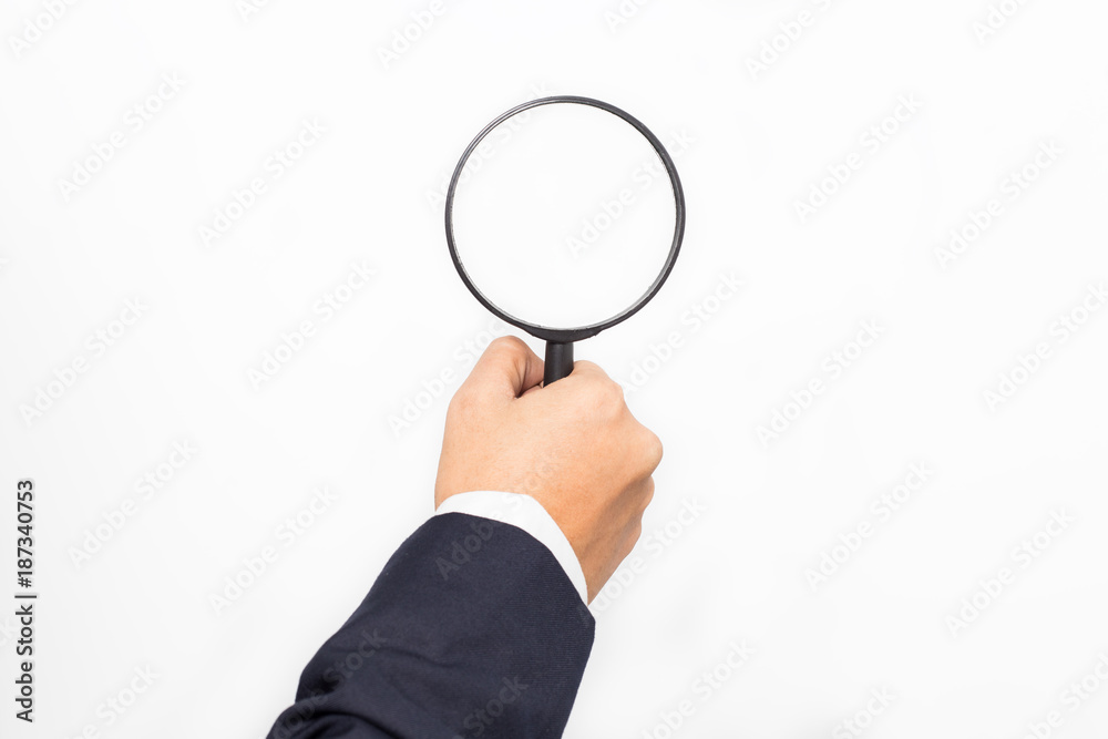business man hand with magnifying glass isolated on white background business man hand with magnifying glass isolated on white background