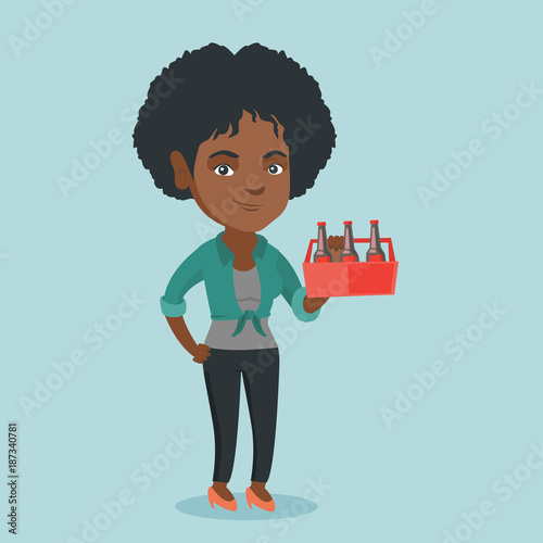 Young smiling african-american woman holding pack of beer. Full length of cheerful woman carrying a pack of beer. Vector cartoon illustration. Square layout.