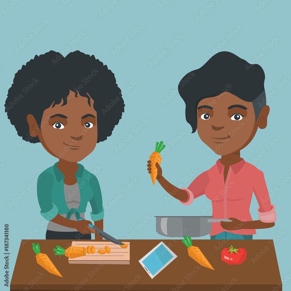 Two happy african-american women having fun while cooking healthy meal together. Young smiling women preparing healthy vegetable meal together. Vector cartoon illustration. Square layout. Two happy african-american women having fun while cooking healthy meal together. Young smiling women preparing healthy vegetable meal together. Vector cartoon illustration. Square layout.