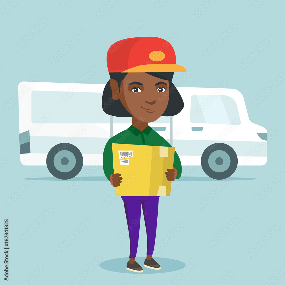 Young african-american delivery courier holding a cardboard box on the background of truck. Full length of delivery courier carrying a box in hands. Vector cartoon illustration. Square layout. Young african-american delivery courier holding a cardboard box on the background of truck. Full length of delivery courier carrying a box in hands. Vector cartoon illustration. Square layout.