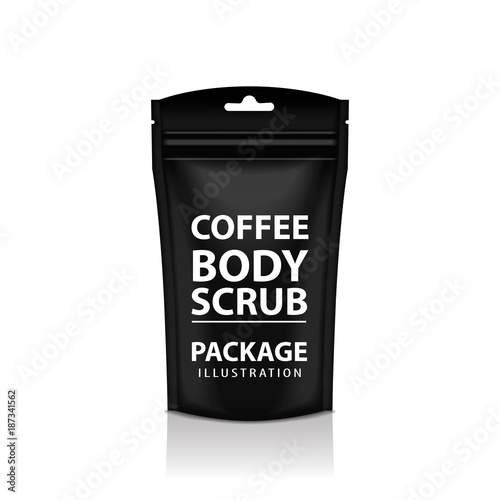 Black Foil Coffee Doy Pack Pouch Sachet Bag Packaging with Zipper. Vector Isolated Mock up temlate
