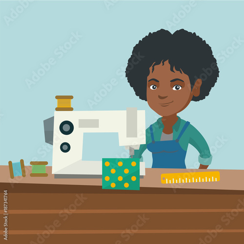 Young african-american seamstress working in the cloth factory. Seamstress sewing on an industrial sewing machine at the workshop. Vector cartoon illustration. Square layout.