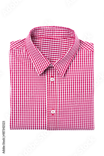 Red tartan shirt folded on white background.