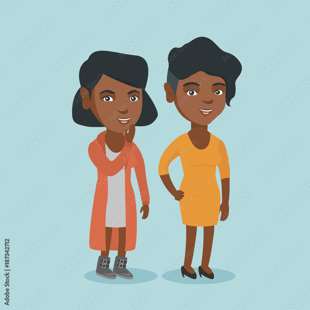 Young african-american woman shielding her mouth and whispering a gossip to her friend. Two happy women sharing gossips. Smiling friends discussing gossips. Vector cartoon illustration. Square layout. Young african-american woman shielding her mouth and whispering a gossip to her friend. Two happy women sharing gossips. Smiling friends discussing gossips. Vector cartoon illustration. Square layout.