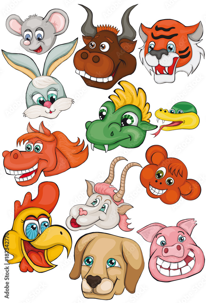 Fototapeta premium Set. Heads of animals. Chinese horoscope. Cartoon style. Clip art for children.