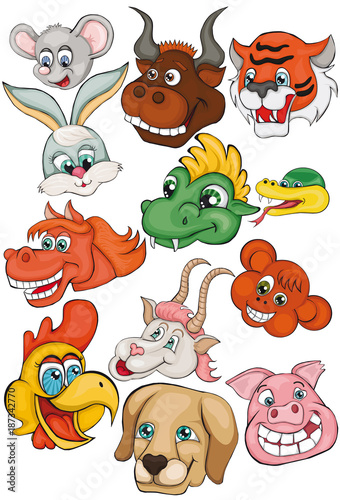 Set. Heads of animals. Chinese horoscope. Cartoon style. Clip art for children.