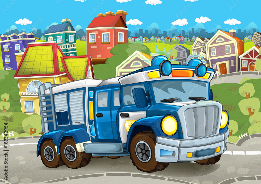 Fototapeta scena kreskówka z policyjną ciężarówką na ulicy - ilustracja dla dzieci