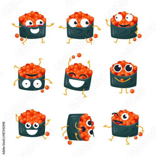 Funny sushi with red caviar - vector isolated cartoon emoticons
