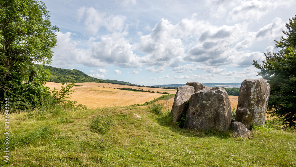 Coldrum Long Barrow, Kent, England. The standing stones are the remains of an early Neolithic barrow near Trottiscliffe in the English county of Kent.