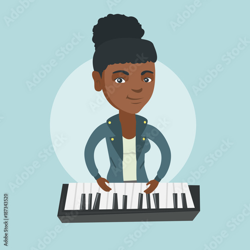 Young african-american musician playing the piano. Smiling pianist playing the upright piano. Female pianist playing the synthesizer. Vector cartoon illustration. Square layout.