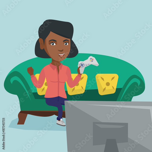 Young happy african-american woman playing video game. Excited woman with console in hands playing video game at home and celebrating her victory. Vector cartoon illustration. Square layout.