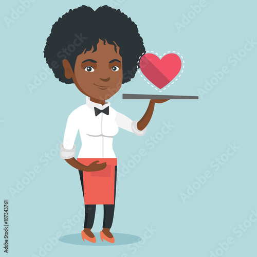 African waitress carrying a tray with social network like button. Full length of young waitress holding a restaurant tray with social network like button. Vector cartoon illustration. Square layout.