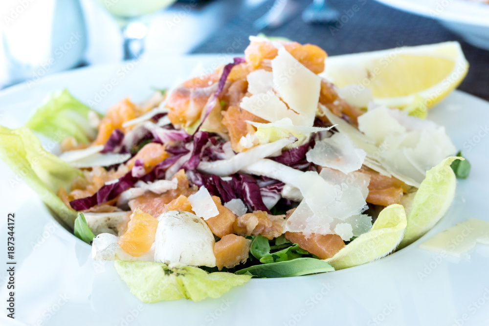 Fresh seafood salad with smoked salmon