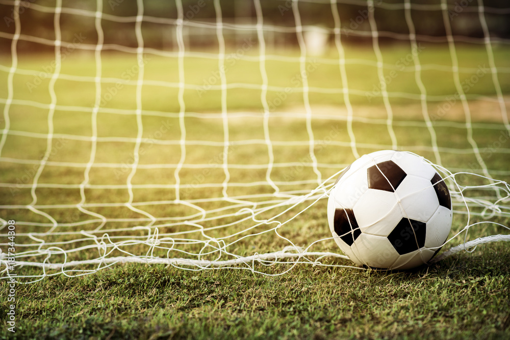 Naklejka premium Soccer ball on grass and sun light.